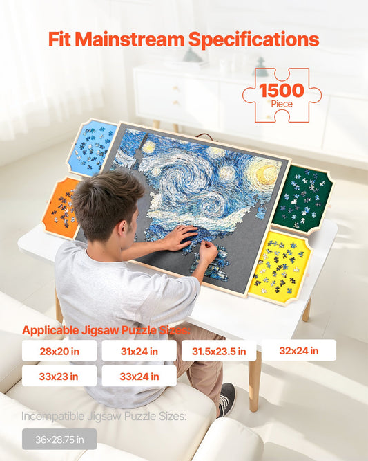 1500 Piece Rotating Puzzle Board with 4 Colorful Felt Drawers and Cover, 34x25 in Portable Wooden Table, Adjustable 2-Tilting-Angle Jigsaw Puzzle Accessories for Adults, Birthday Gift for Mom
