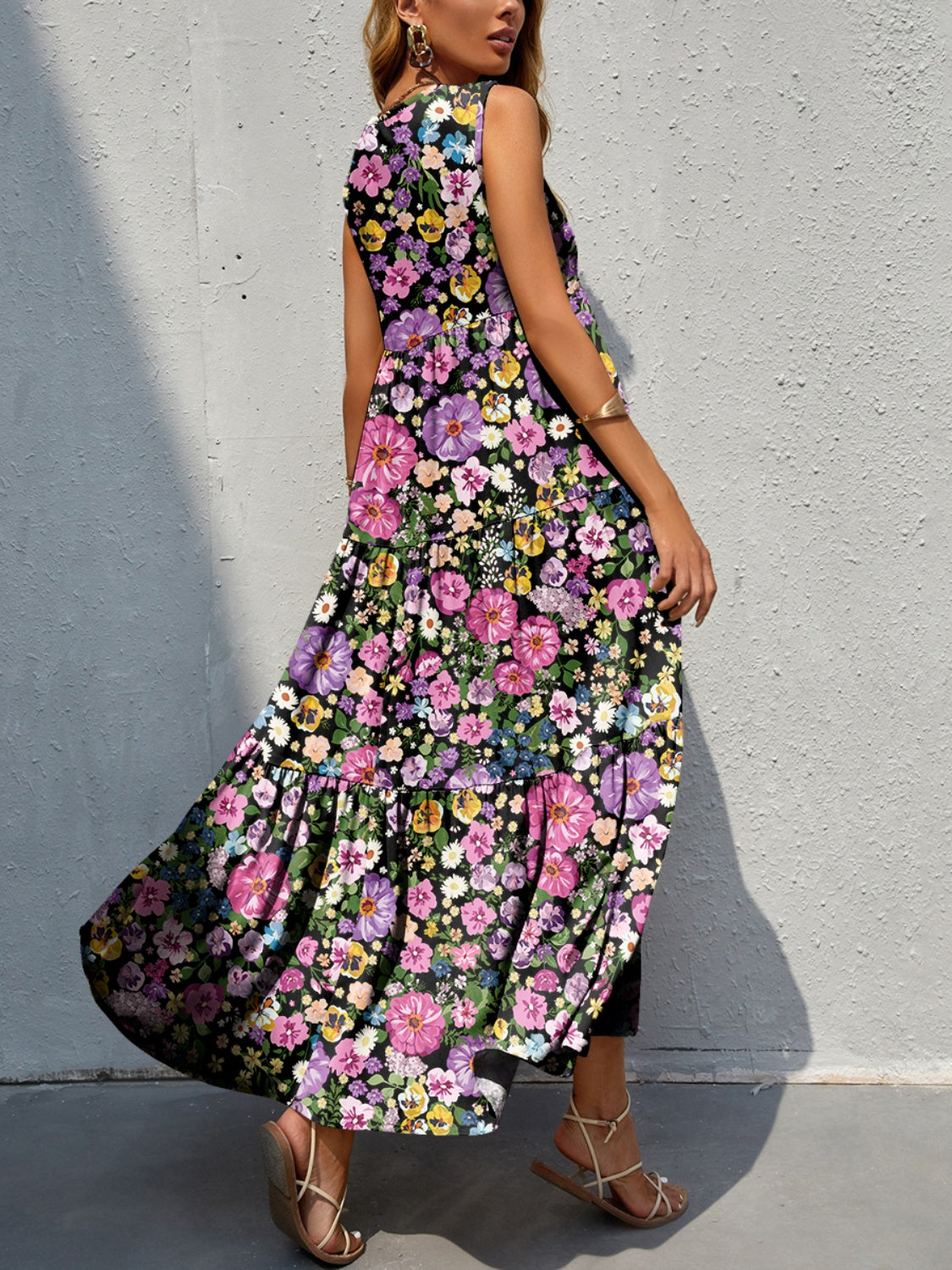 Tiered Printed V-Neck Sleeveless Dress - Luminous Bear Shop