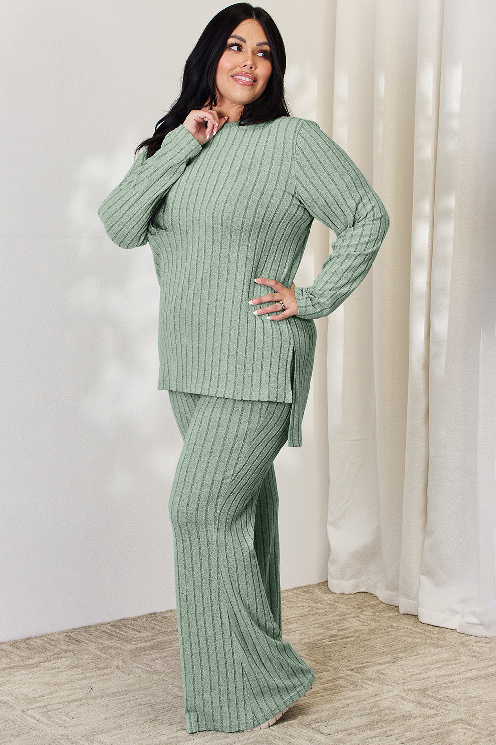 Basic Bae Full Size Ribbed High-Low Top and Wide Leg Pants Set - Luminous Bear Shop