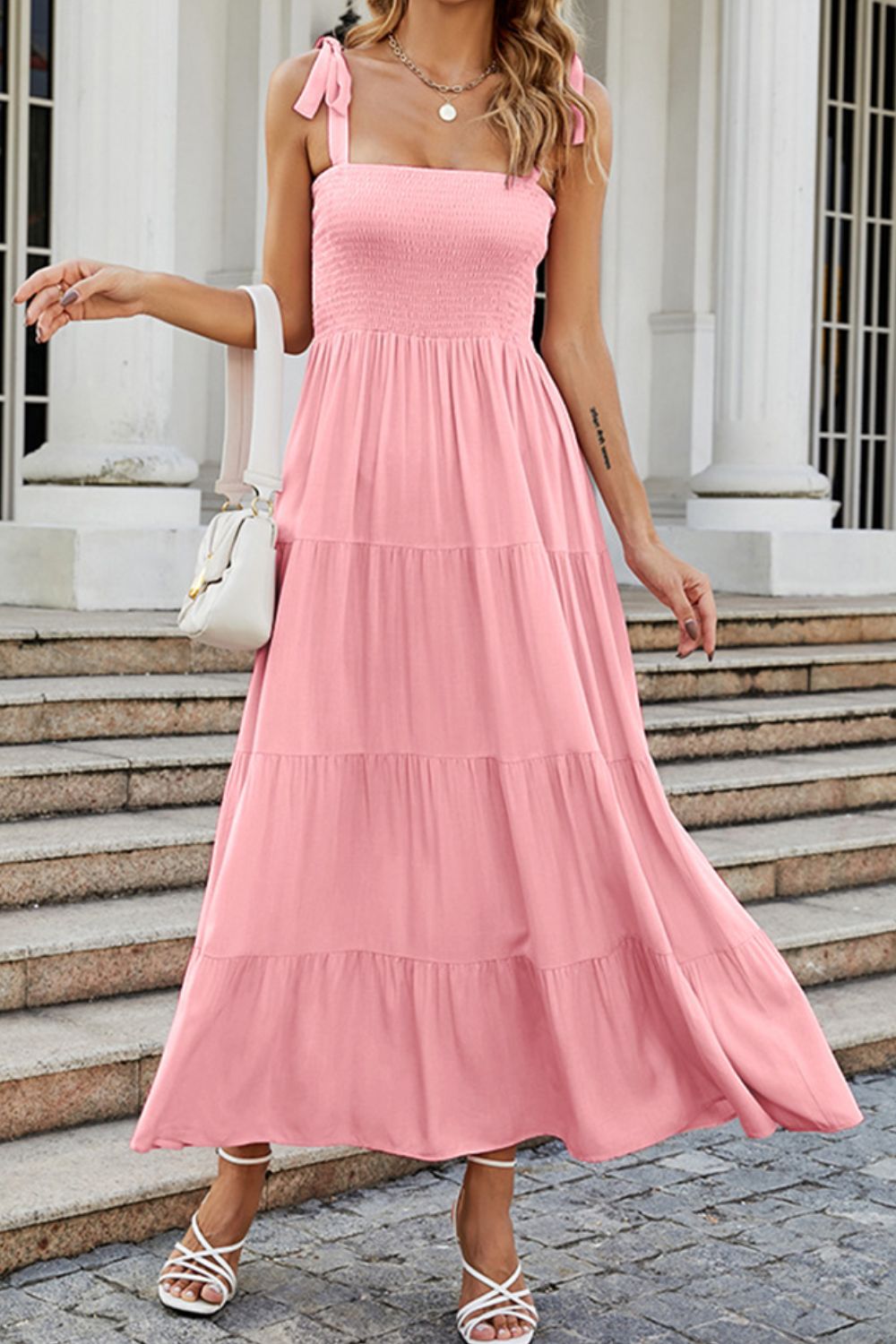 Tie-Shoulder Smocked Tiered Dress - Luminous Bear Shop