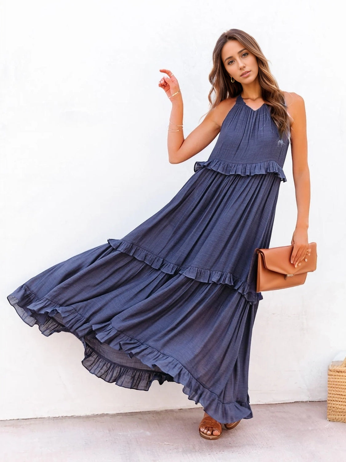 Ruffled Sleeveless Tiered Maxi Dress with Pockets - Luminous Bear Shop