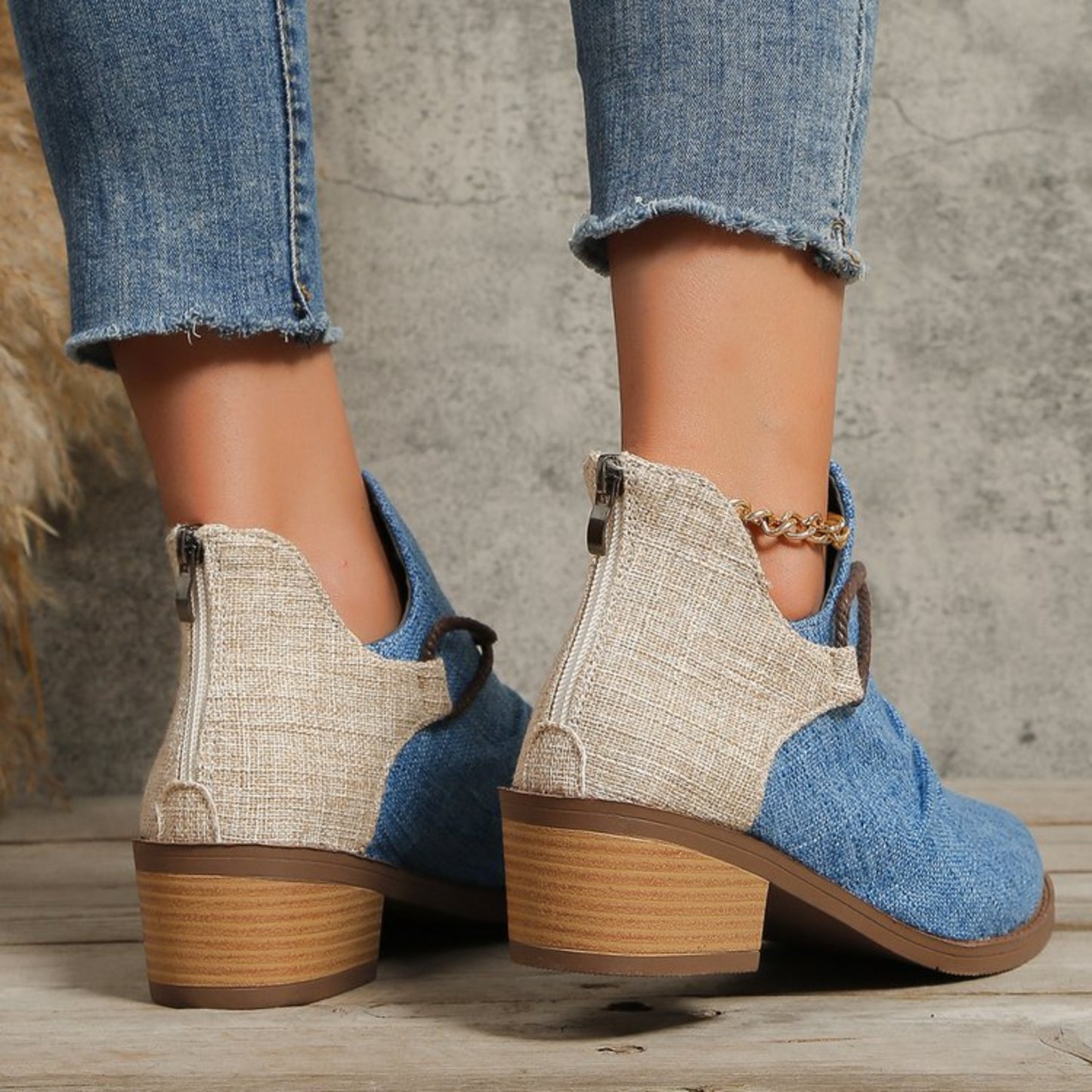 Contrast Canvas Low Heel Boots - Luminous Bear Shop