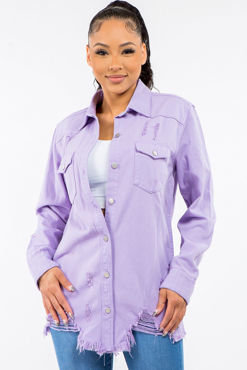 American Bazi Frayed Hem Distressed Denim Jacket - Luminous Bear