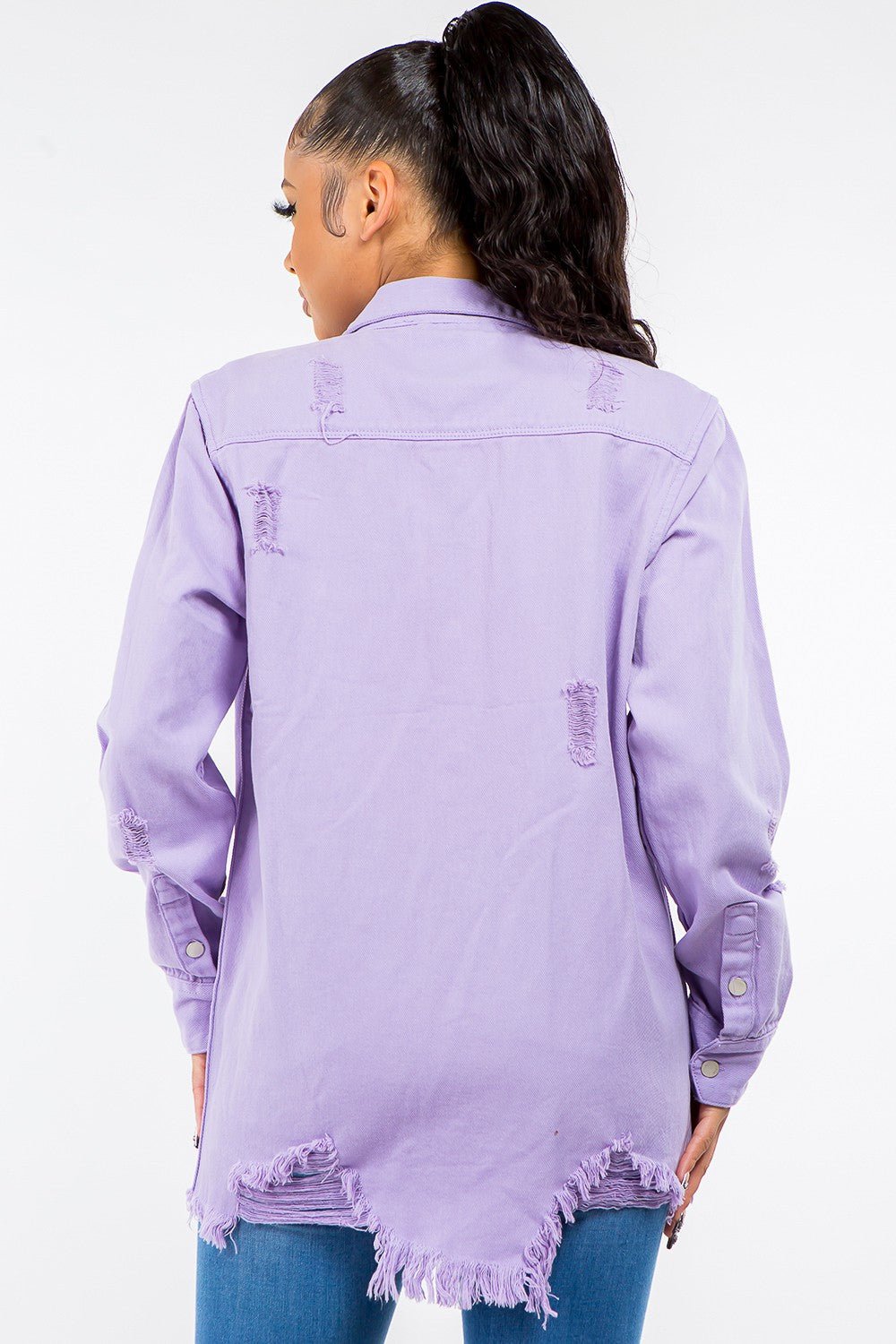 American Bazi Frayed Hem Distressed Denim Jacket - Luminous Bear