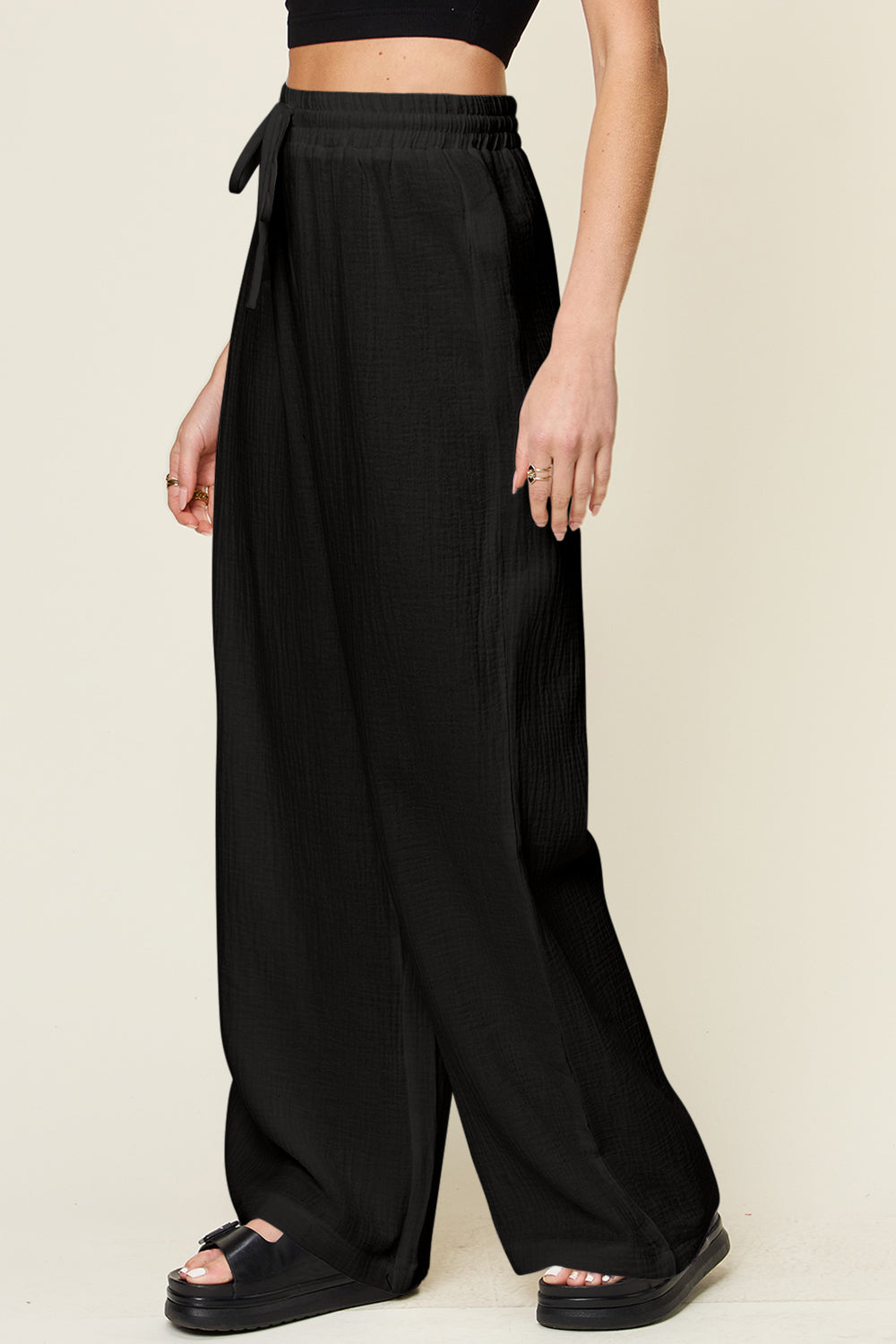 Double Take Full Size Texture Drawstring Wide Leg Pants - Luminous Bear Shop