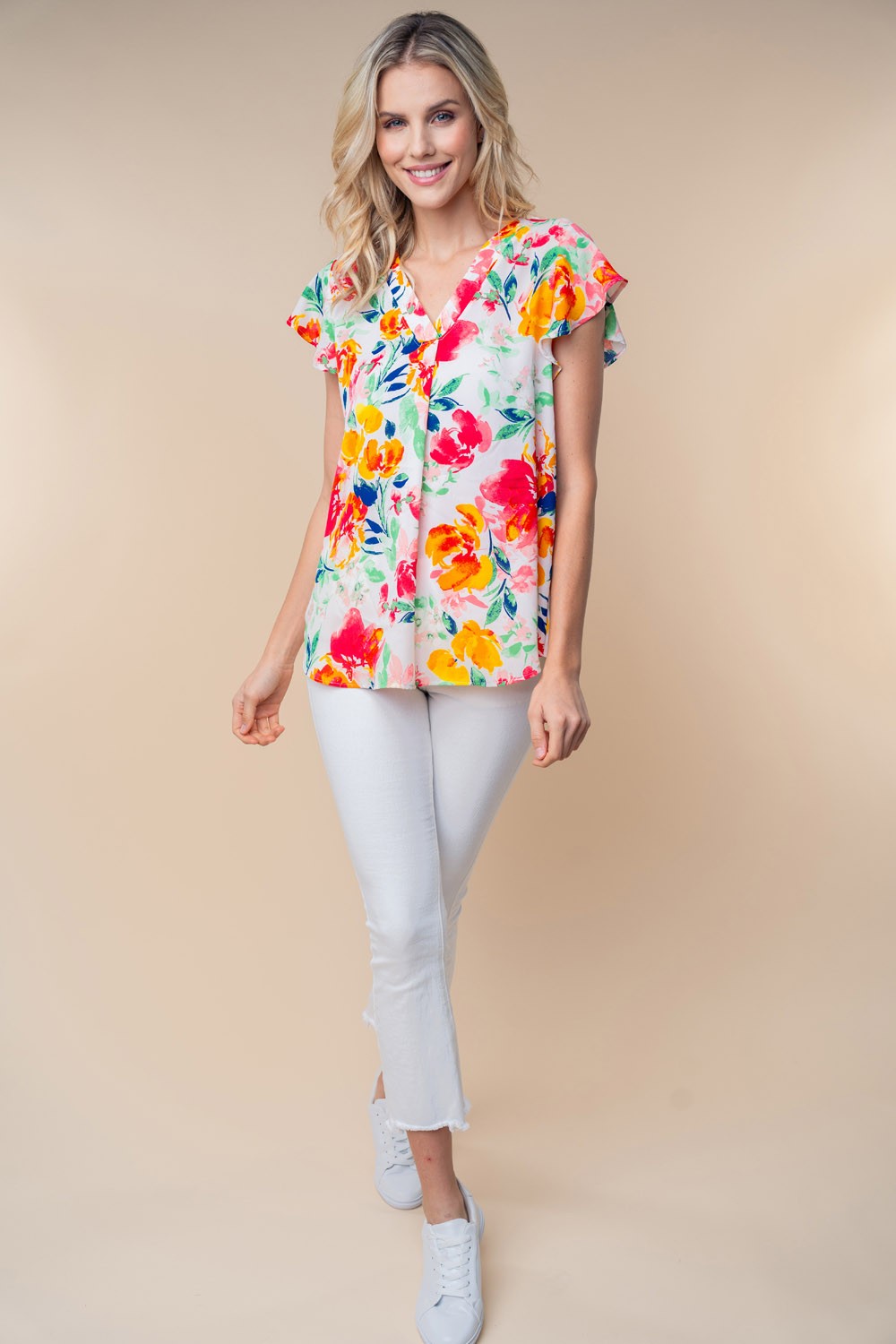 White Birch Full Size Short Sleeve Floral Woven Top - Luminous Bear Shop