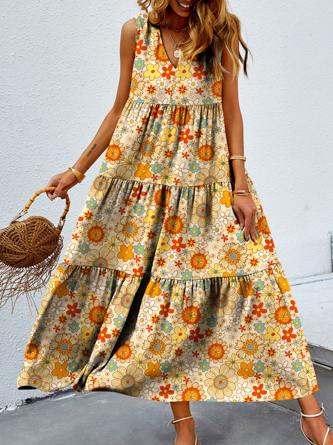 Tiered Printed V-Neck Sleeveless Dress - Luminous Bear Shop