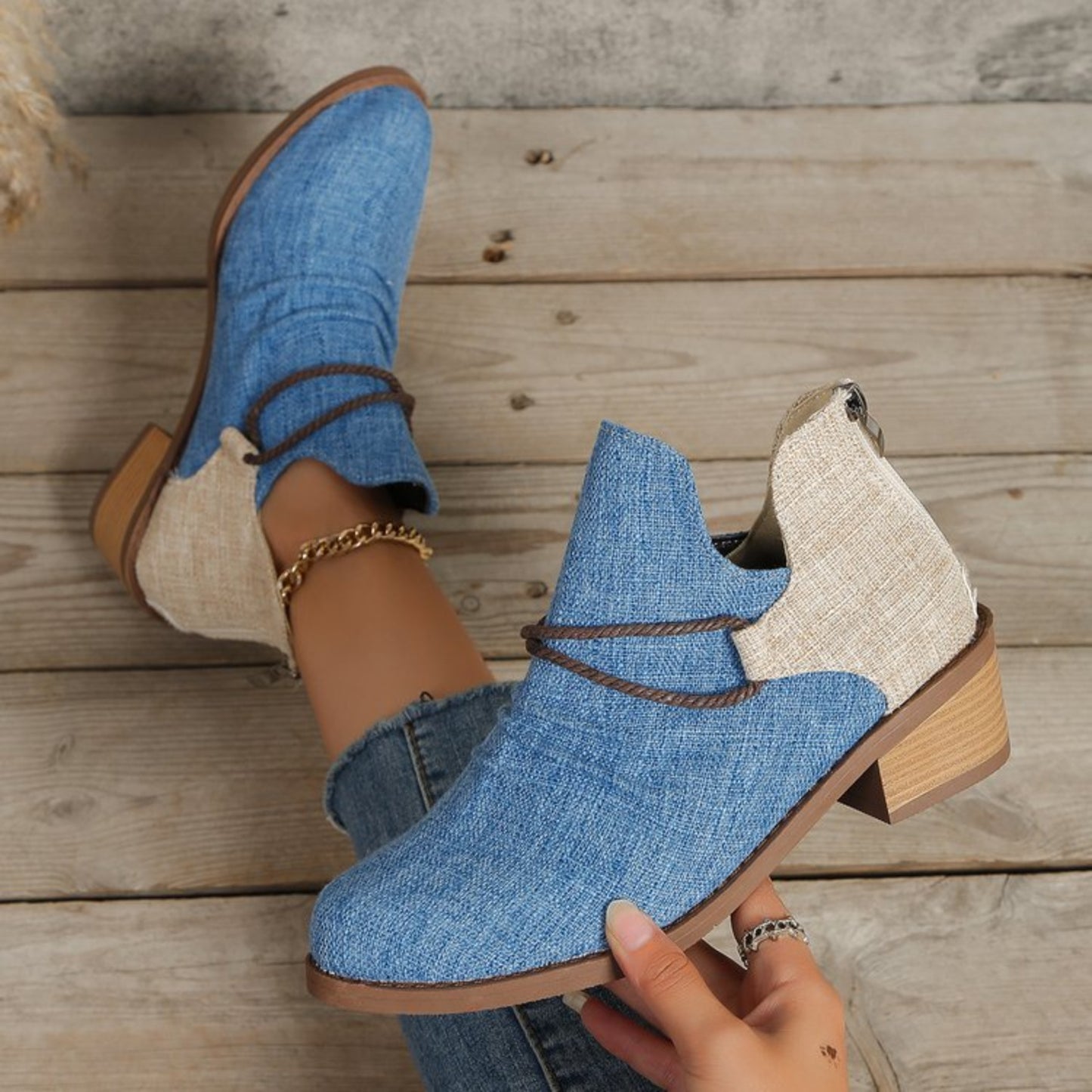 Contrast Canvas Low Heel Boots - Luminous Bear Shop