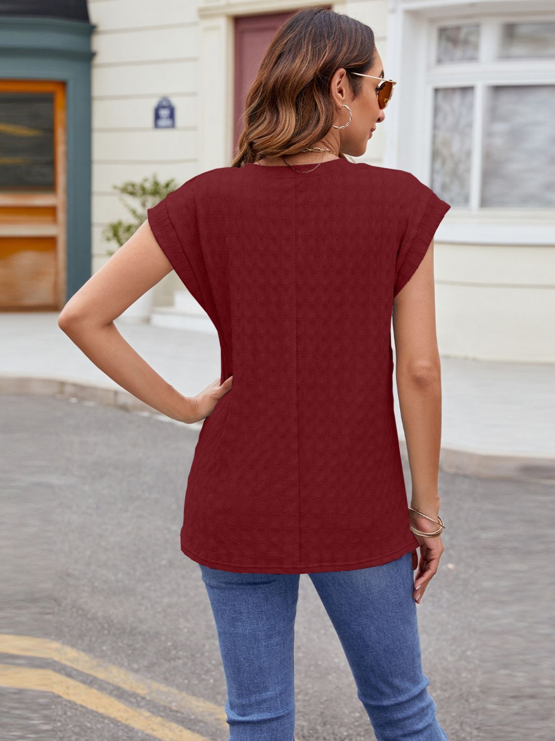 Textured Round Neck Cap Sleeve T-Shirt - Luminous Bear Shop