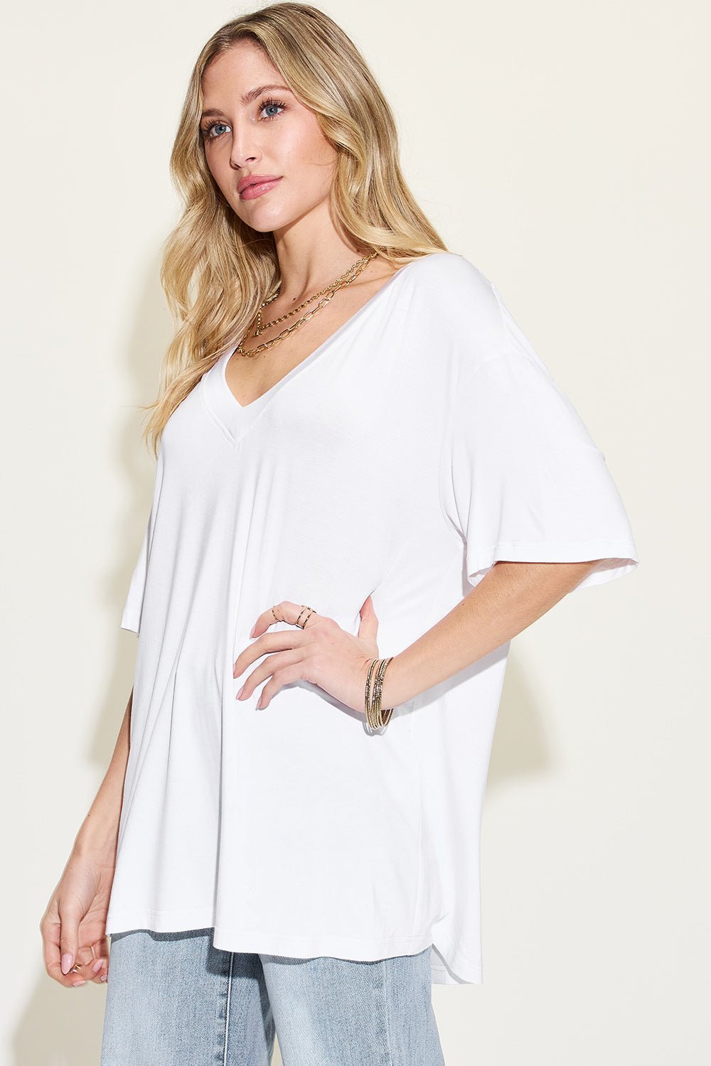 Basic Bae Full Size Bamboo V-Neck Drop Shoulder T-Shirt - Luminous Bear