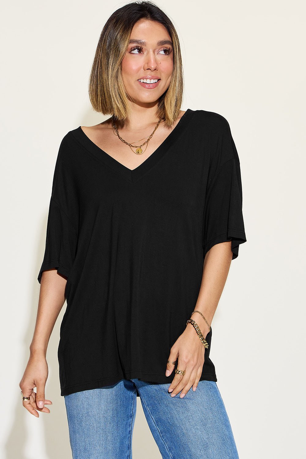 Basic Bae Full Size Bamboo V-Neck Drop Shoulder T-Shirt - Luminous Bear