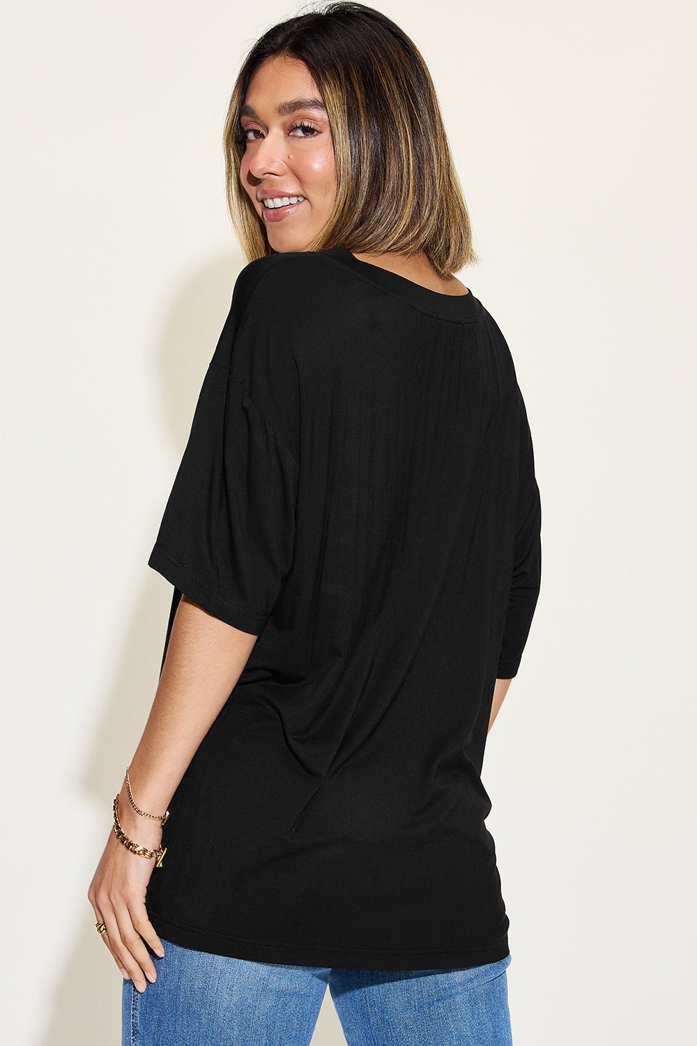 Basic Bae Full Size Bamboo V-Neck Drop Shoulder T-Shirt - Luminous Bear