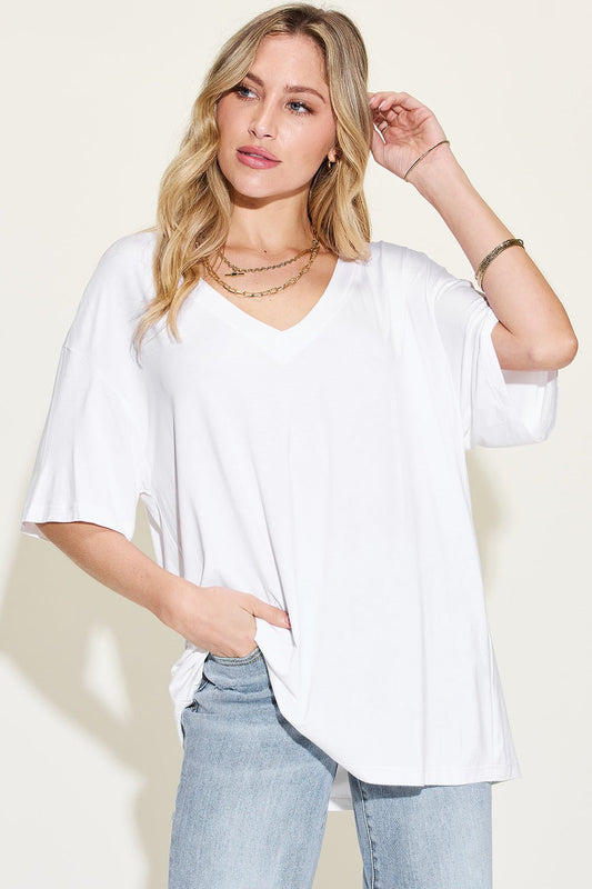 Basic Bae Full Size Bamboo V-Neck Drop Shoulder T-Shirt - Luminous Bear