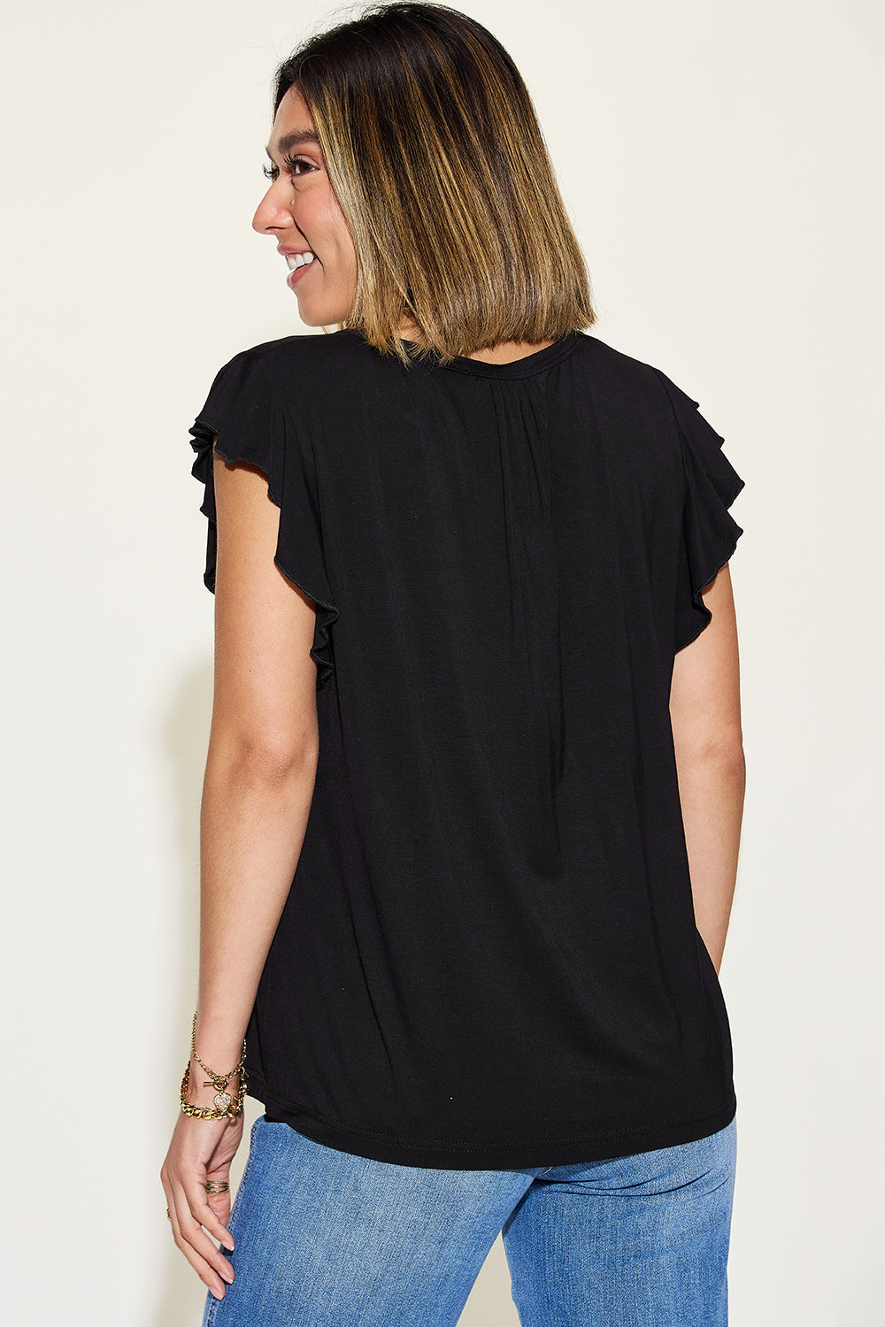 Basic Bae Full Size Bamboo Notched Ruffled Short Sleeve T-Shirt - Luminous Bear Shop