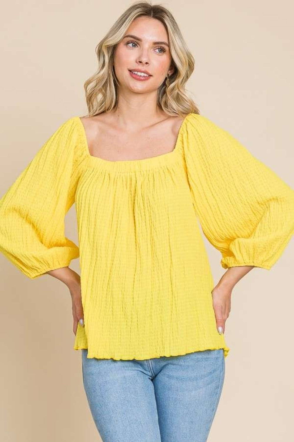 Culture Code Texture Square Neck Puff Sleeve Top - Luminous Bear Shop
