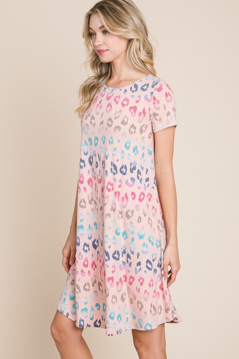 BOMBOM Leopard Round Neck Short Sleeve Dress - Luminous Bear