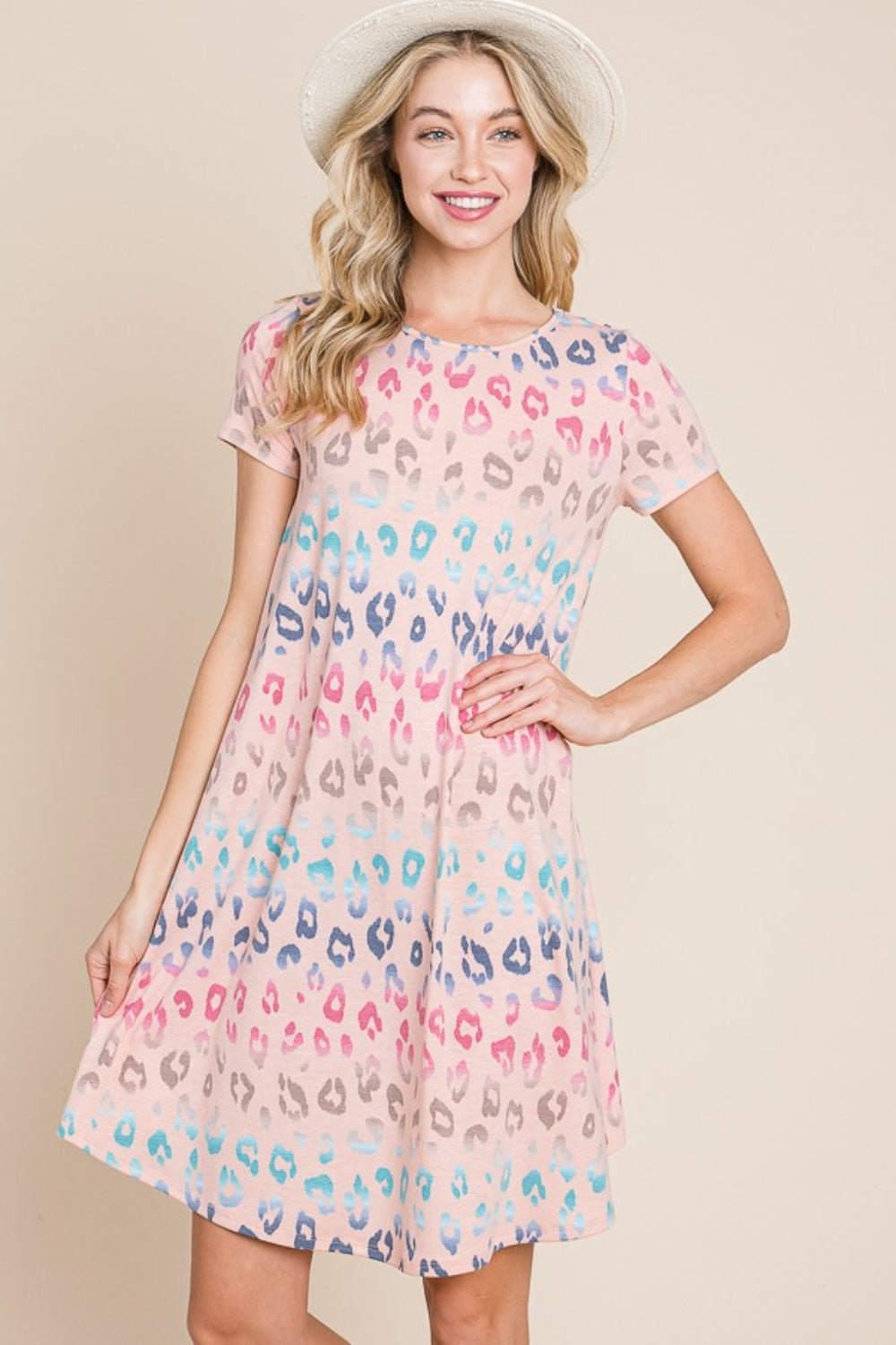 BOMBOM Leopard Round Neck Short Sleeve Dress - Luminous Bear