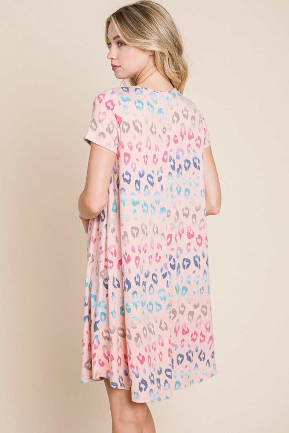 BOMBOM Leopard Round Neck Short Sleeve Dress - Luminous Bear