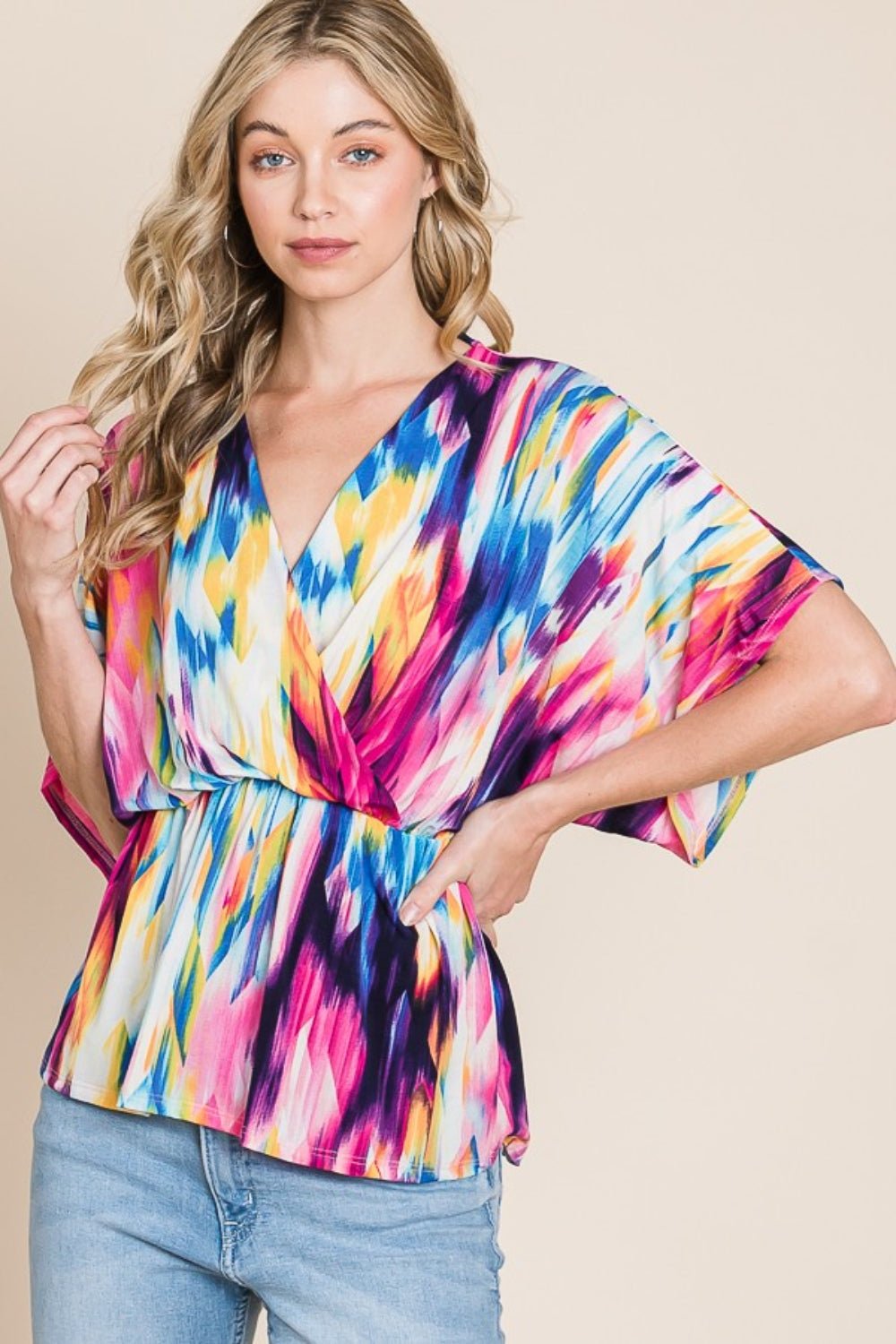 BOMBOM Printed Surplice Peplum Blouse - Luminous Bear