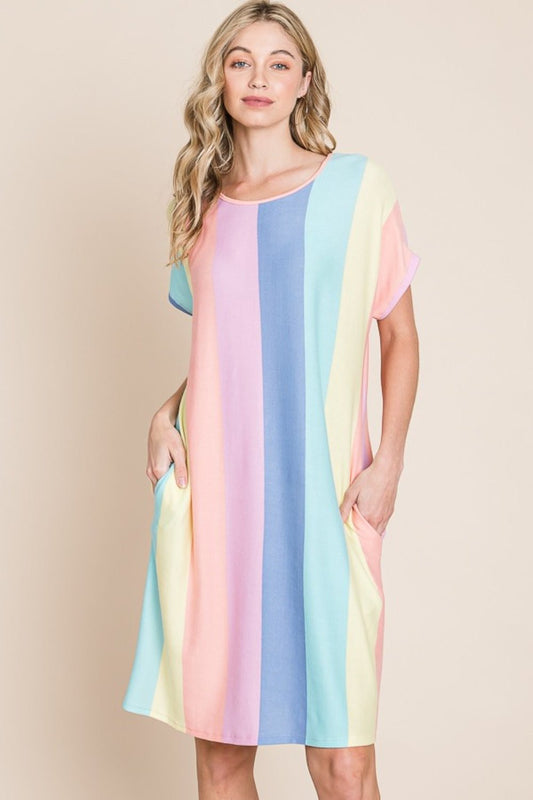 BOMBOM Striped Short Sleeve Dress with Pockets - Luminous Bear