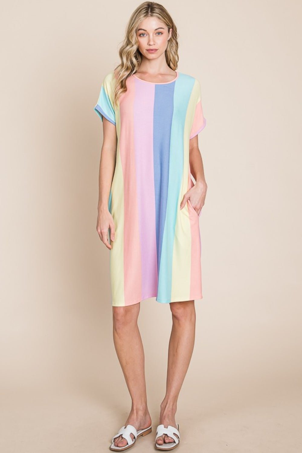 BOMBOM Striped Short Sleeve Dress with Pockets - Luminous Bear