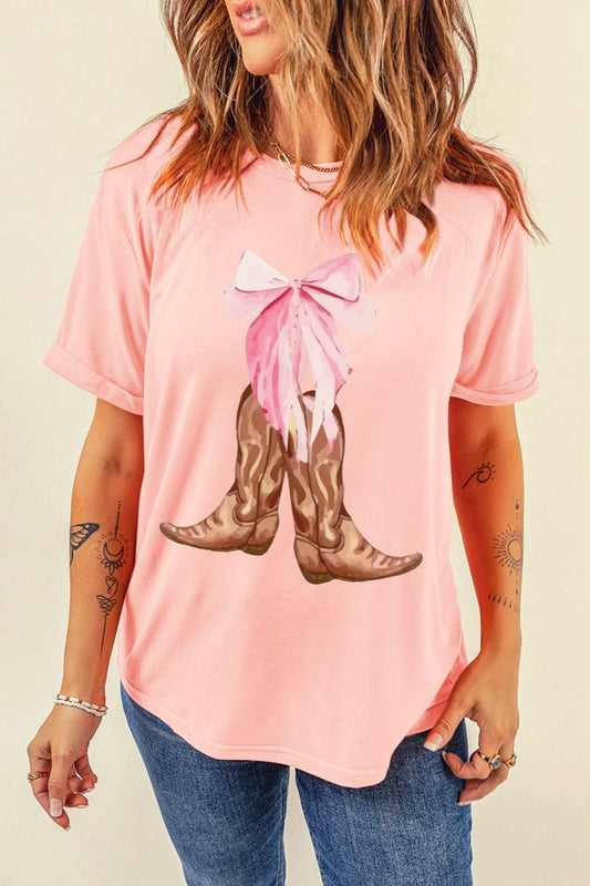 Boots Graphic Round Neck Short Sleeve T-Shirt - Luminous Bear