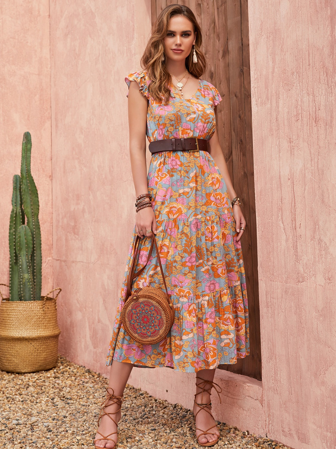 Ruffled Printed V-Neck Cap Sleeve Tiered Dress - Luminous Bear Shop