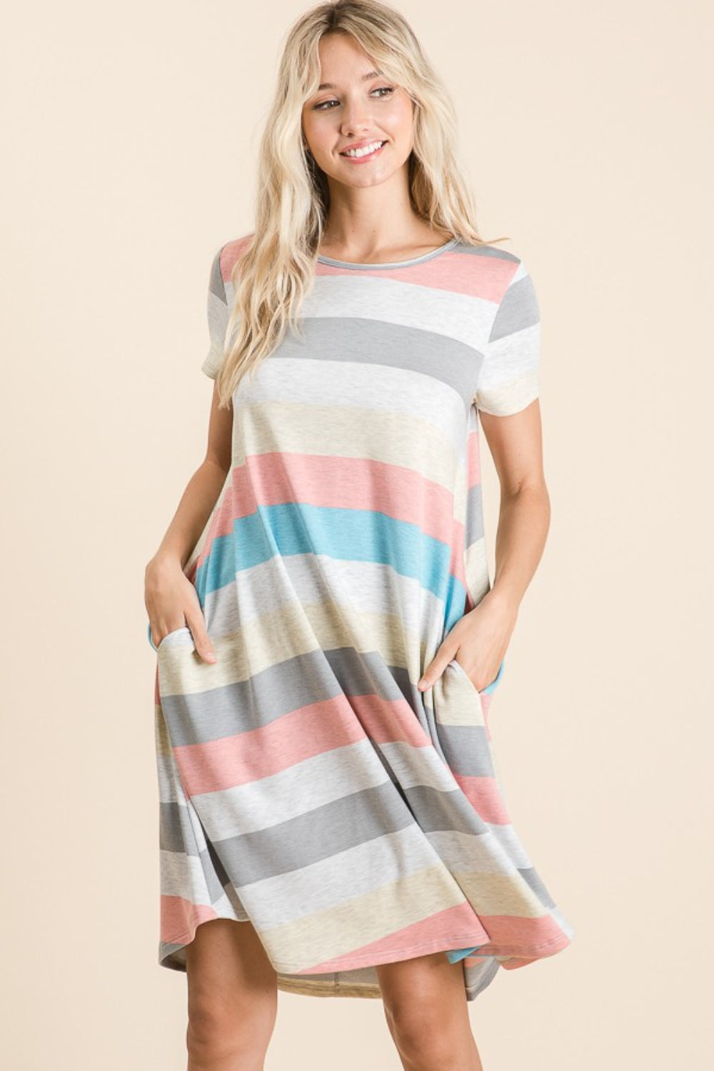 BOMBOM Striped Short Sleeve Dress with Pockets - Luminous Bear Shop