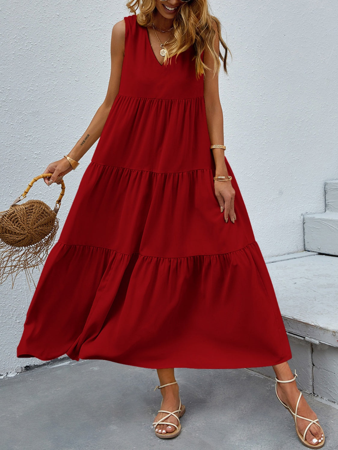 Tiered V-Neck Sleeve Dress - Luminous Bear Shop