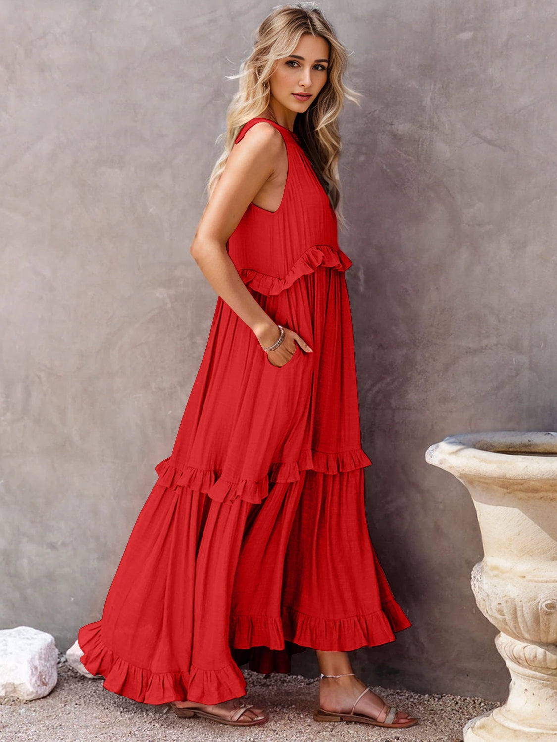 Ruffled Sleeveless Tiered Maxi Dress with Pockets - Luminous Bear Shop