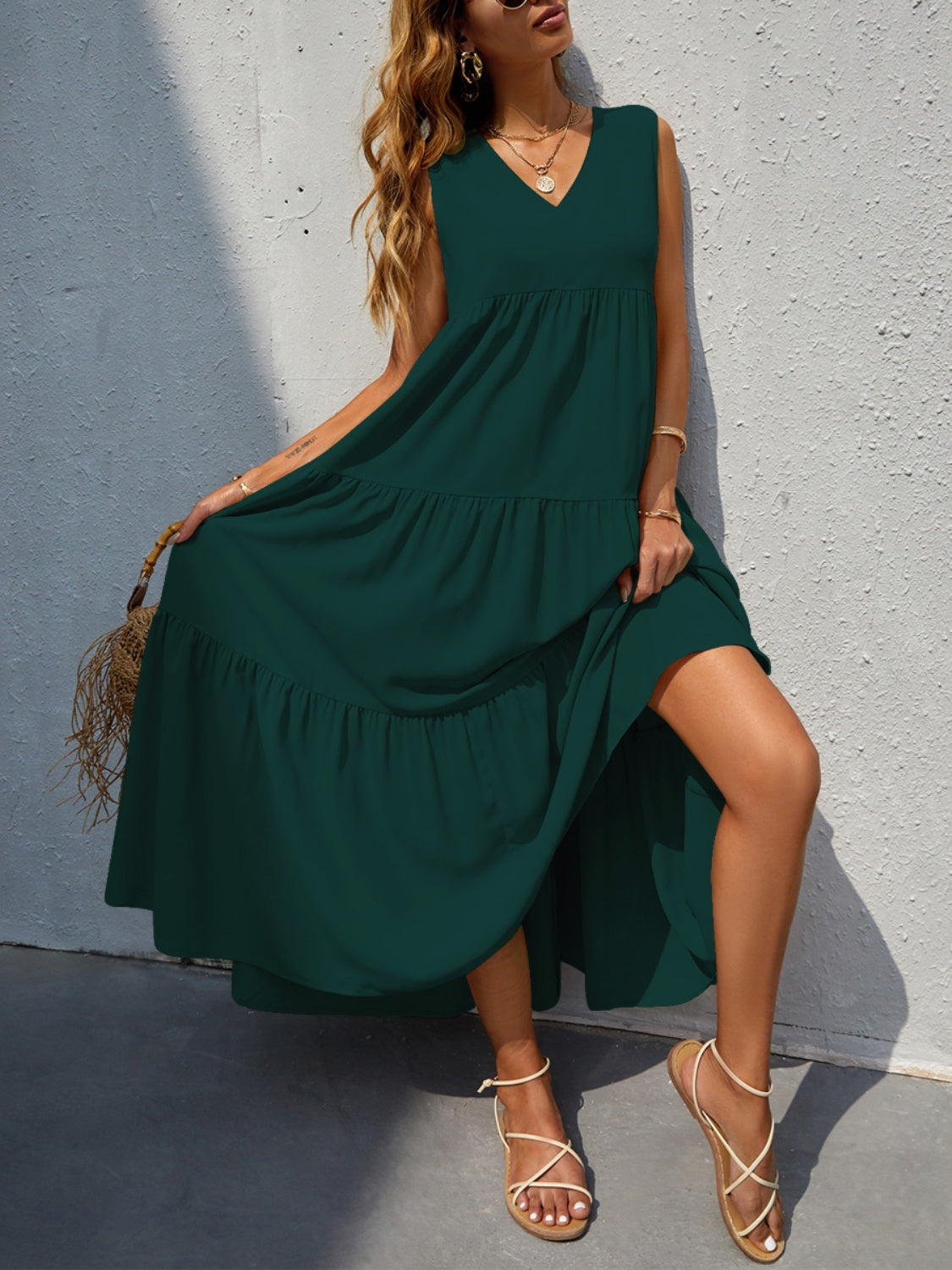 Tiered V-Neck Sleeve Dress - Luminous Bear Shop