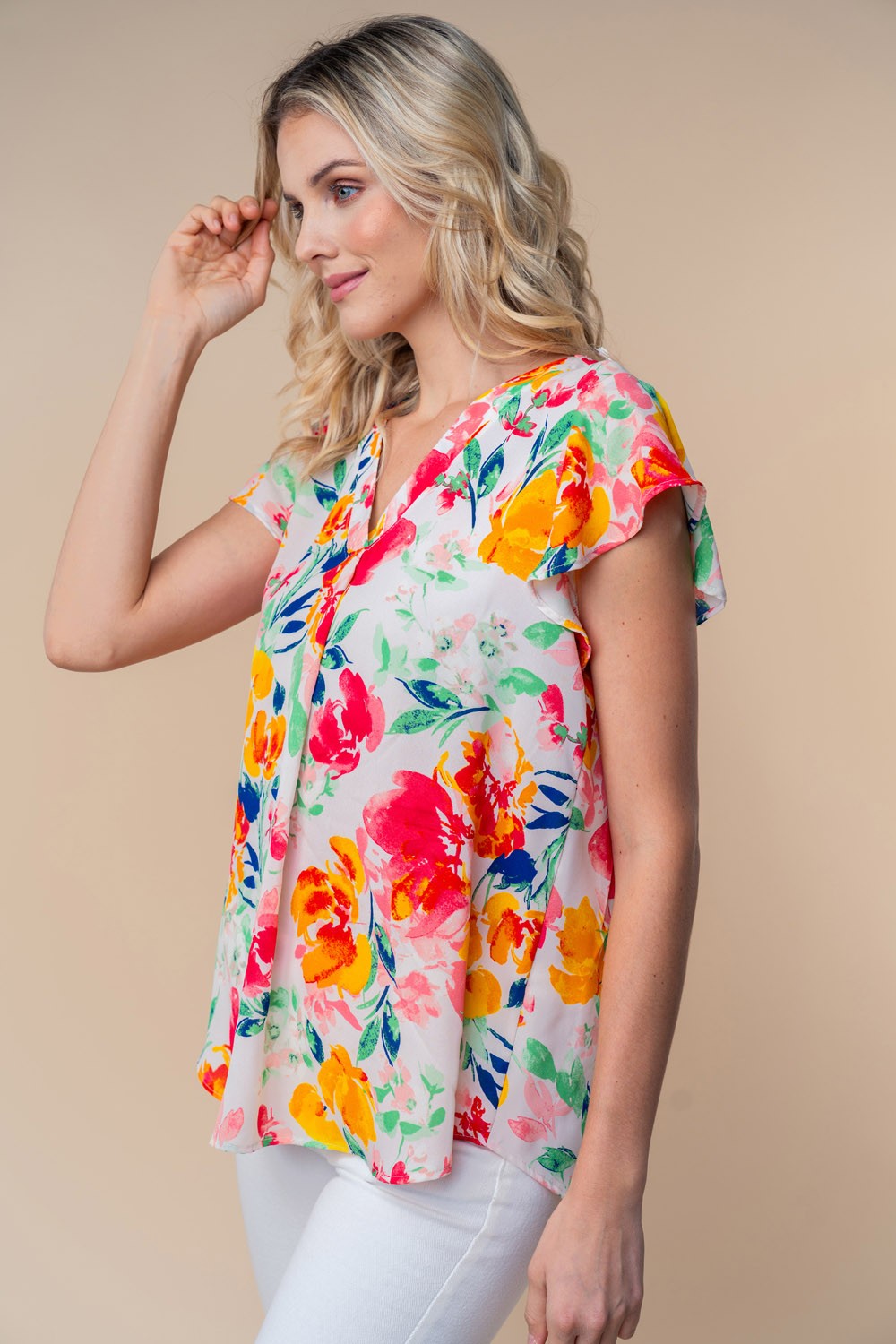 White Birch Full Size Short Sleeve Floral Woven Top - Luminous Bear Shop