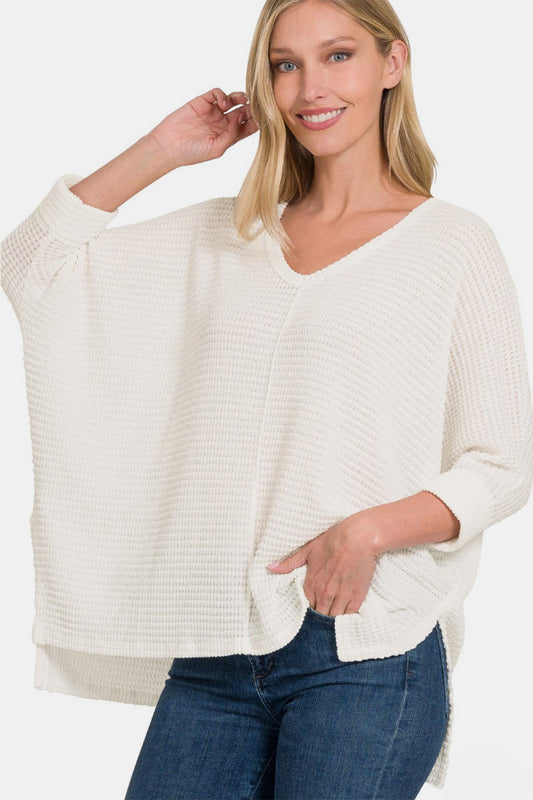 Zenana Full Size Round Neck High-Low Slit Knit Top - Luminous Bear Shop
