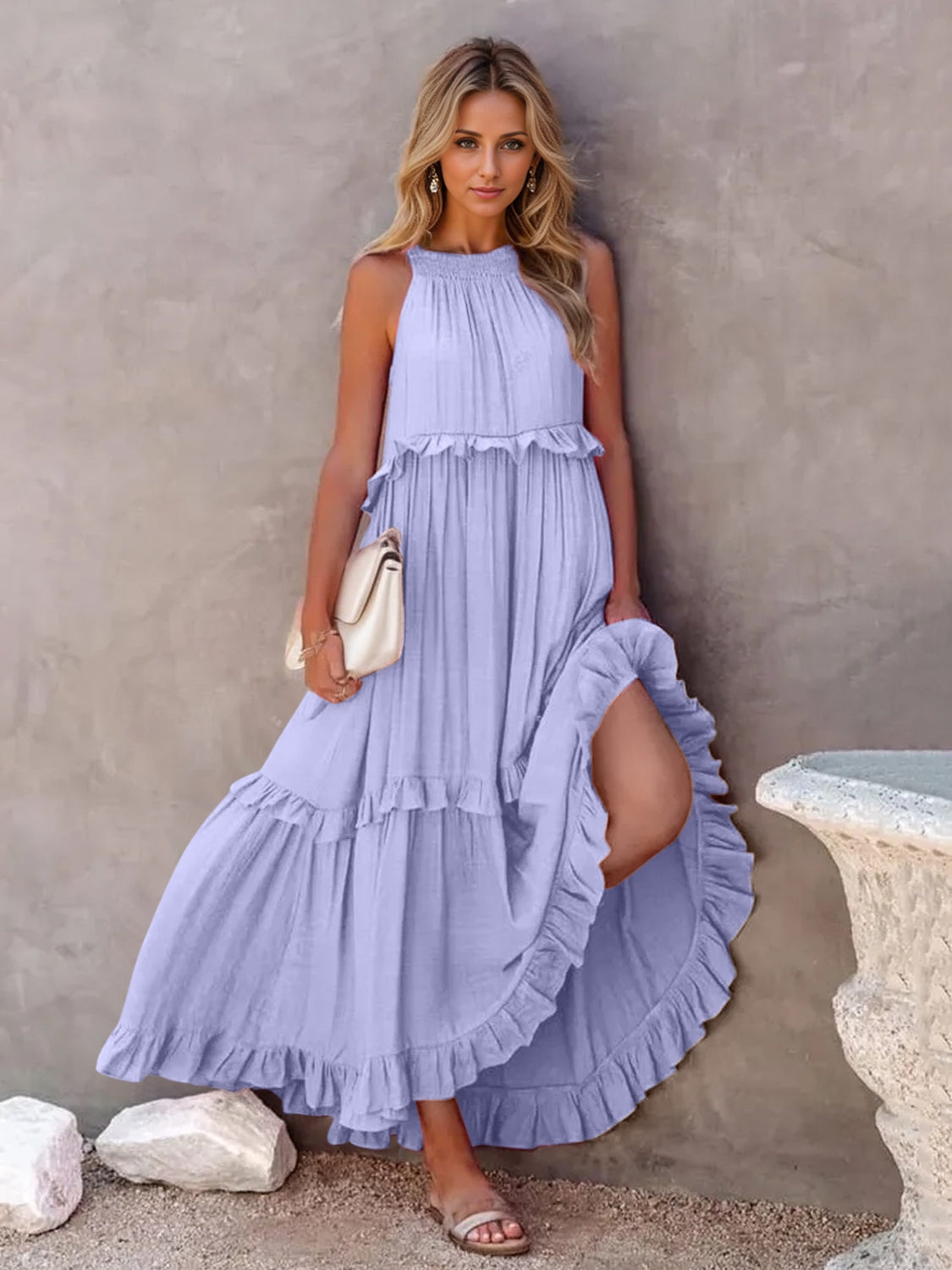 Ruffled Sleeveless Tiered Maxi Dress with Pockets - Luminous Bear Shop