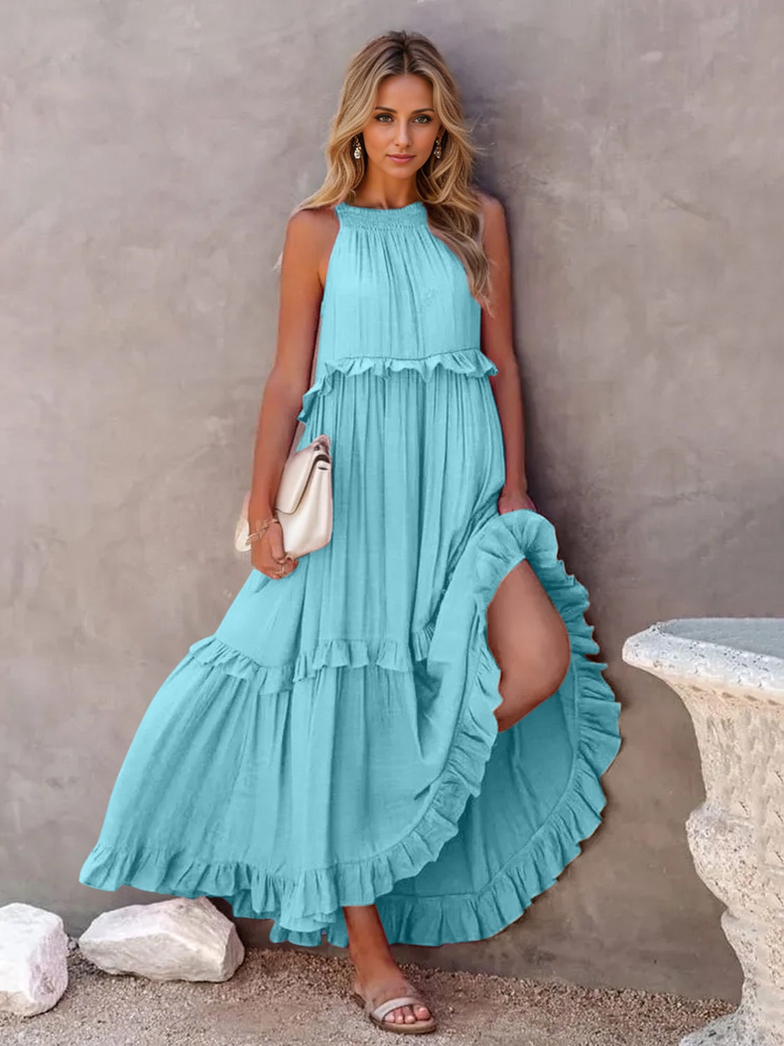 Ruffled Sleeveless Tiered Maxi Dress with Pockets - Luminous Bear Shop