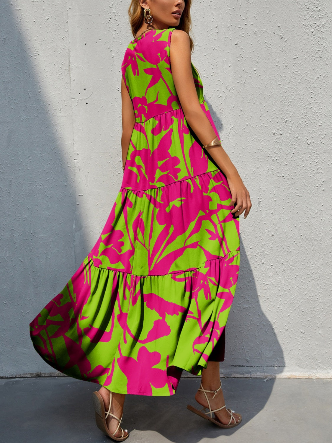 Tiered Printed V-Neck Sleeveless Dress - Luminous Bear Shop