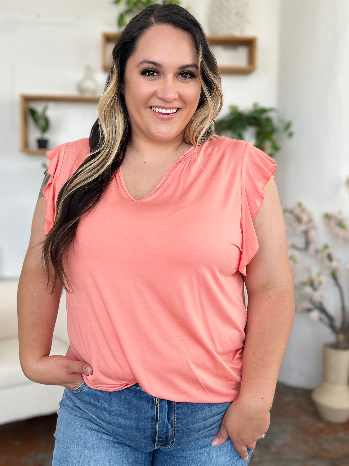 Basic Bae Full Size Bamboo Notched Ruffled Short Sleeve T-Shirt - Luminous Bear Shop