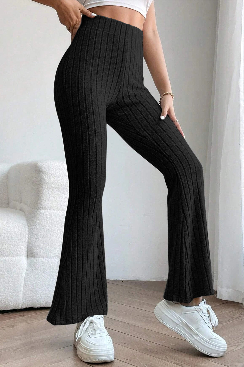 Basic Bae Full Size Ribbed High Waist Flare Pants - Luminous Bear Shop
