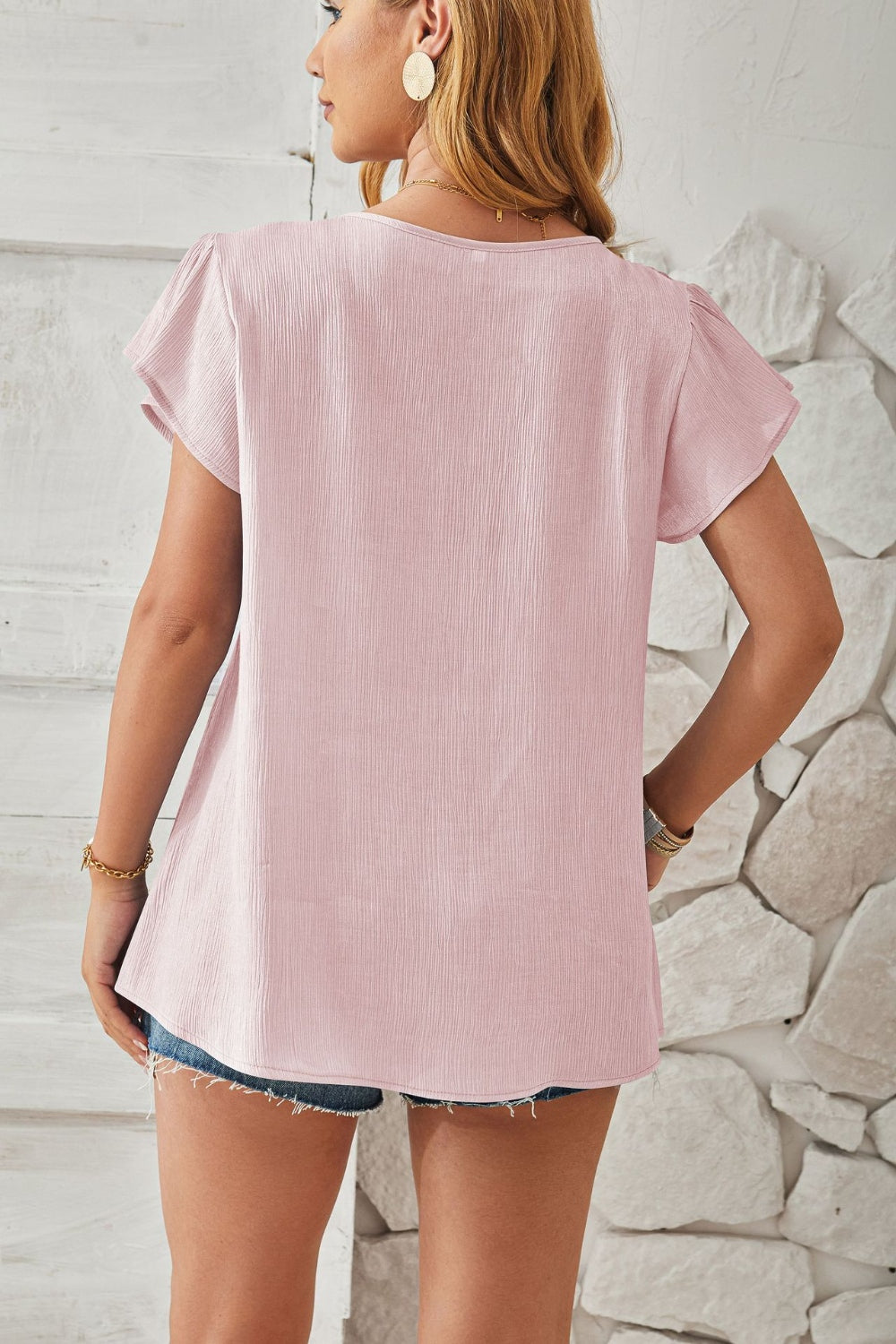 Ruched V-Neck Flounce Sleeve Blouse - Luminous Bear Shop