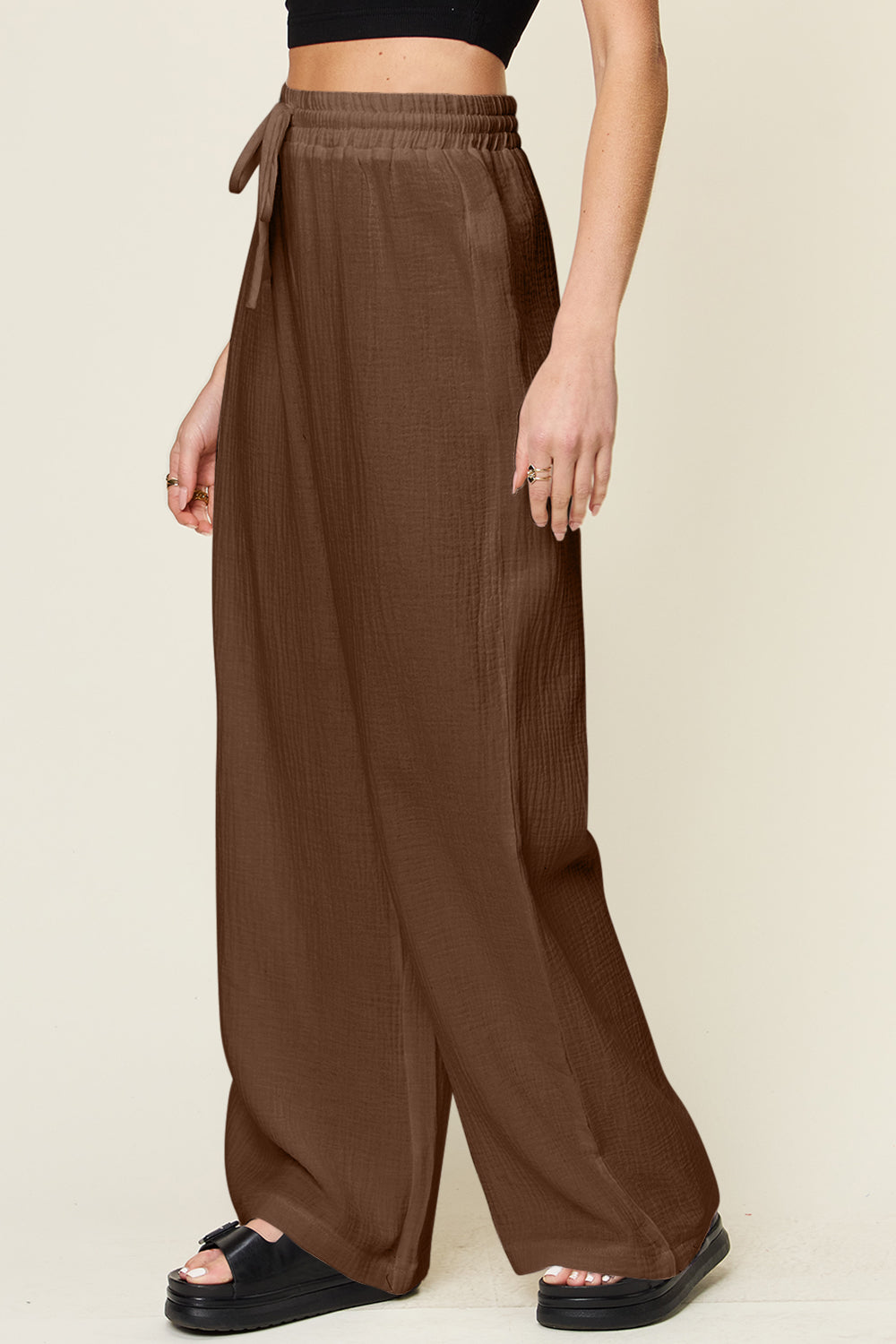 Double Take Full Size Texture Drawstring Wide Leg Pants - Luminous Bear Shop