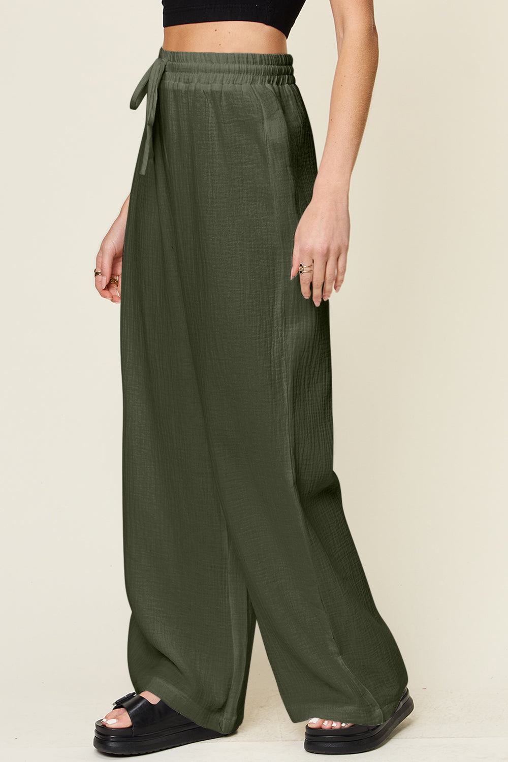 Double Take Full Size Texture Drawstring Wide Leg Pants - Luminous Bear Shop