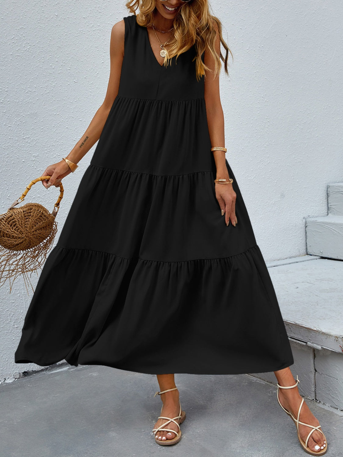 Tiered V-Neck Sleeve Dress - Luminous Bear Shop
