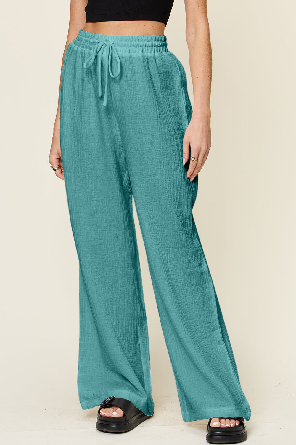 Double Take Full Size Texture Drawstring Wide Leg Pants - Luminous Bear Shop