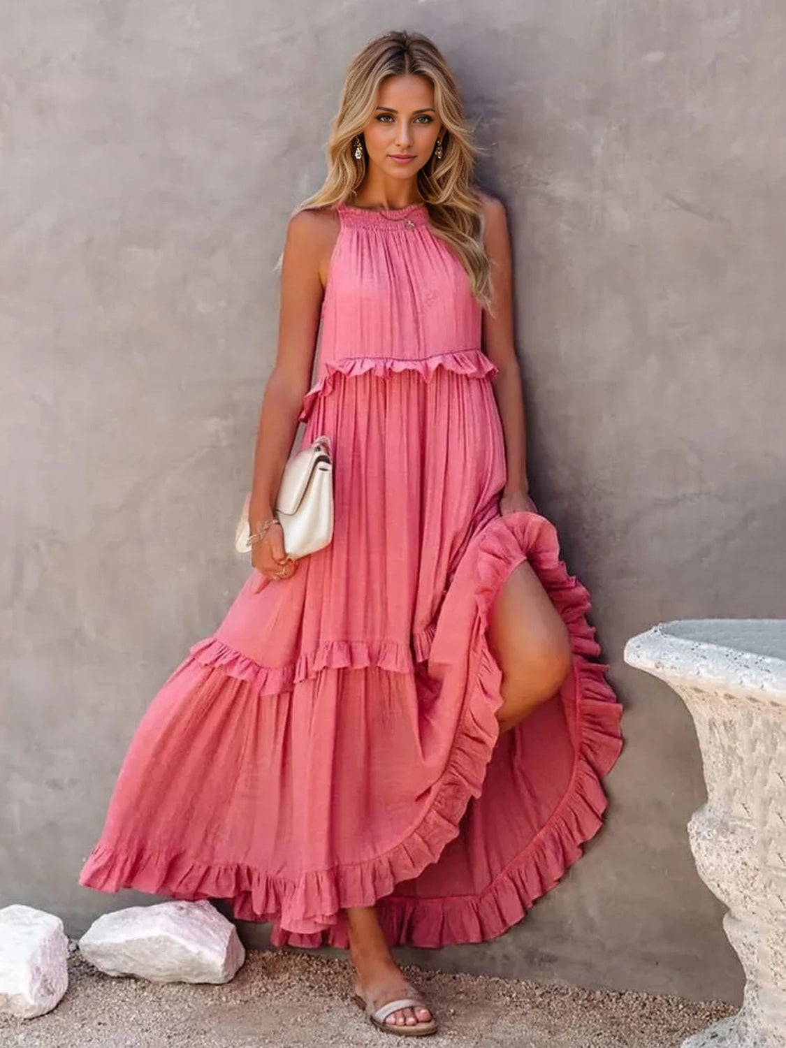 Ruffled Sleeveless Tiered Maxi Dress with Pockets - Luminous Bear Shop