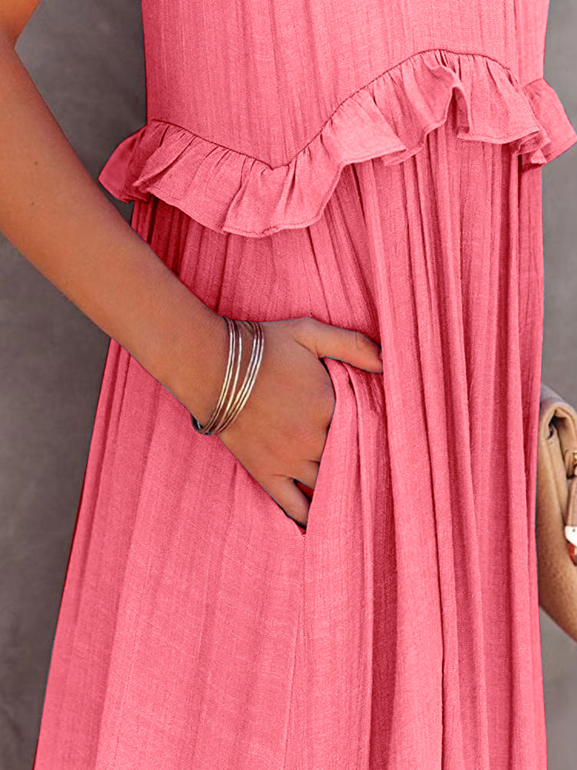 Ruffled Sleeveless Tiered Maxi Dress with Pockets - Luminous Bear Shop