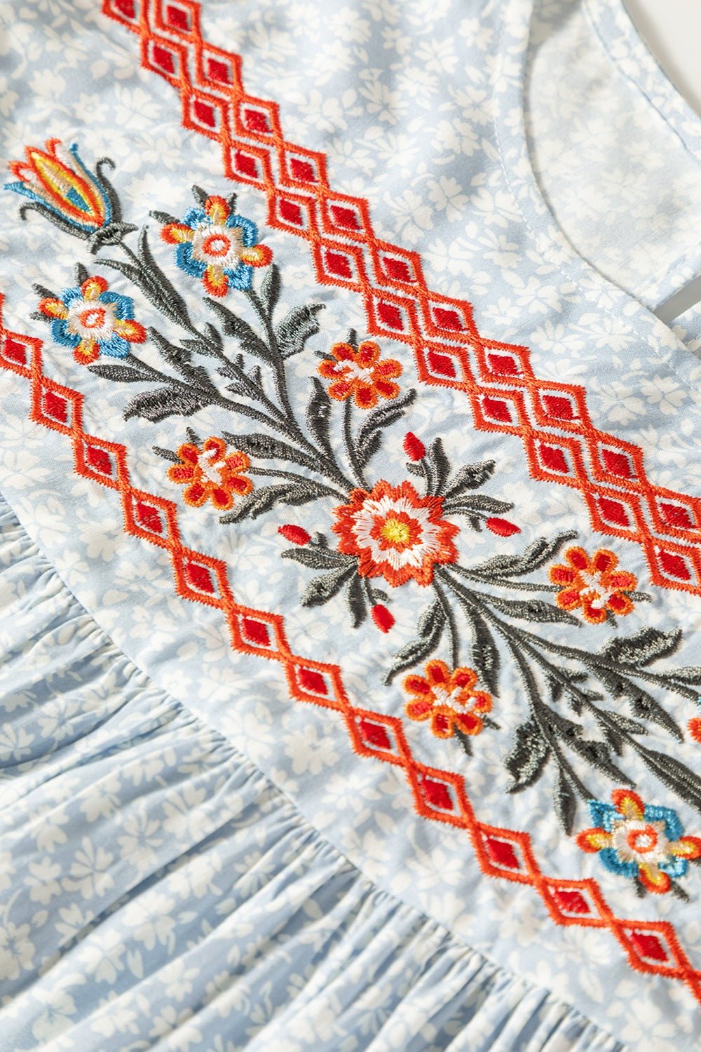Embroidered Round Neck Cap Sleeve Blouse - Luminous Bear
