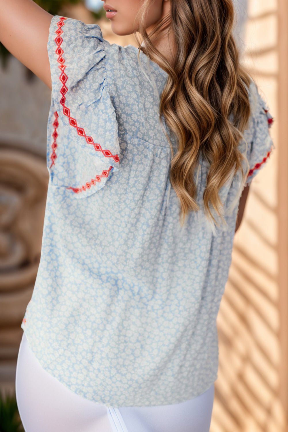 Embroidered Round Neck Cap Sleeve Blouse - Luminous Bear