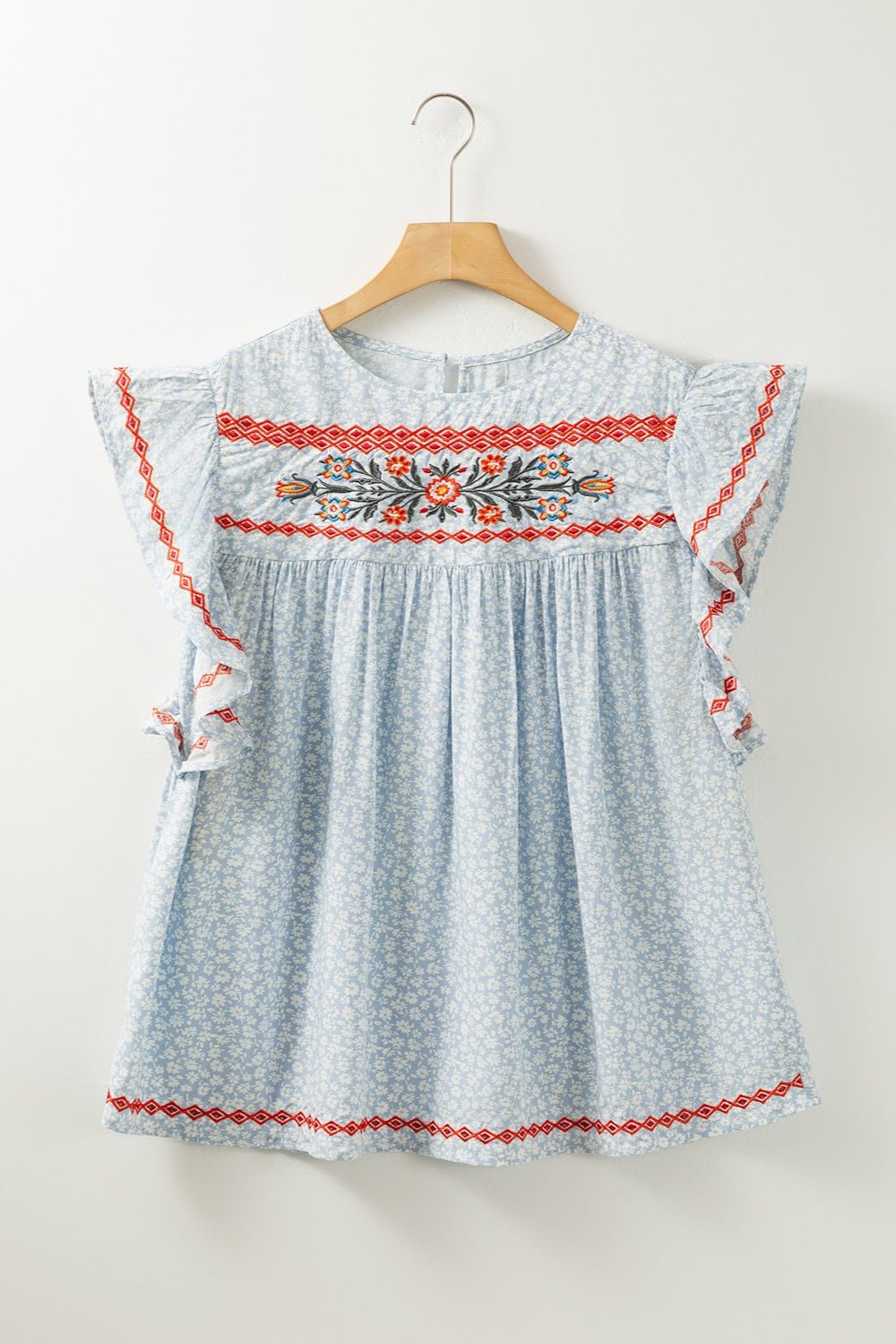 Embroidered Round Neck Cap Sleeve Blouse - Luminous Bear