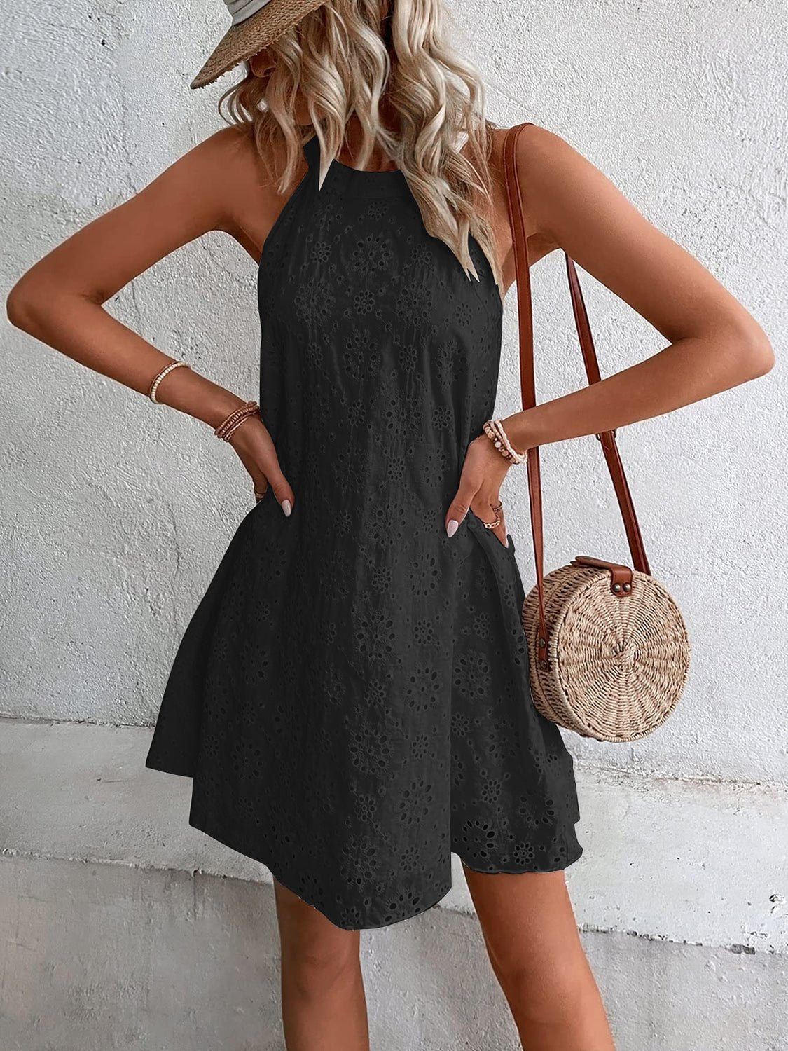 Eyelet Grecian Neck Mini Dress - Luminous Bear