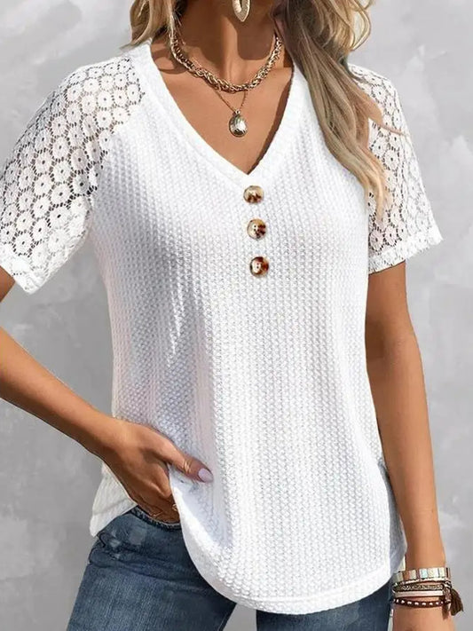 Waffle-Knit V-Neck Short Sleeve Top - Luminous Bear Shop